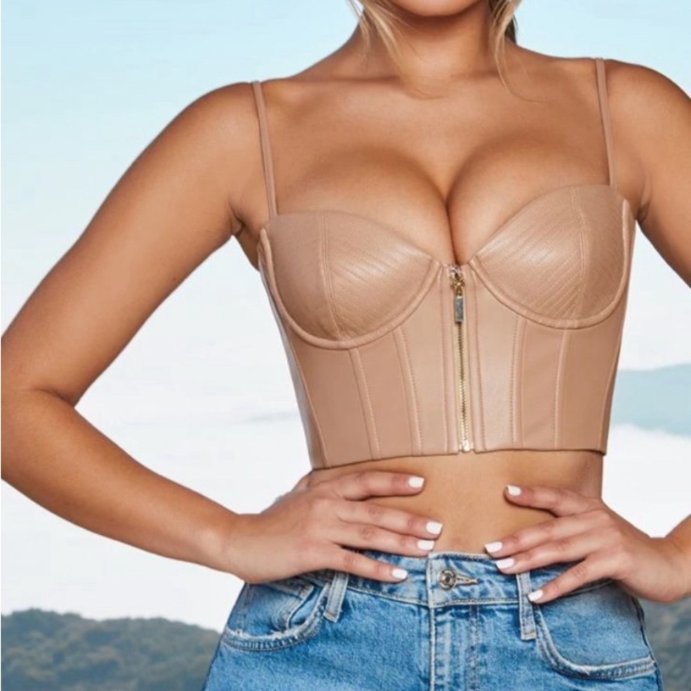 NWT Oh Polly Zip Into Shape Faux Leather Underwired Bustier Crop Top brown nude